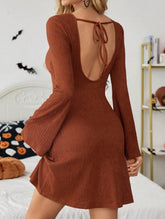 Brown Textured Open Back Bow Dress
